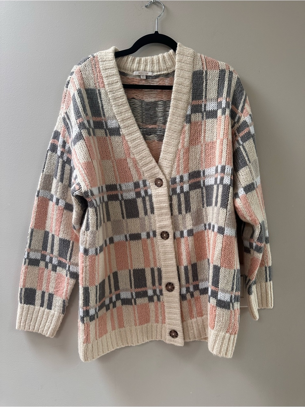 Brixton Cozy Plaid Button-Front Cardigan Sweater - Cream & Pink